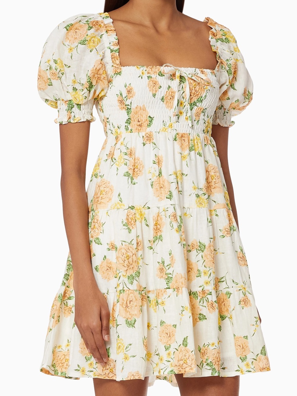 Faithfull The Brand Kezia Floral Smocked Puff Sleeve Cottagecore Linen Dress XS